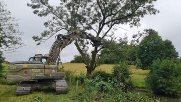 Élagage d'un arbre au bord d'une rivière à l'aide d'une pelleteuse équipée