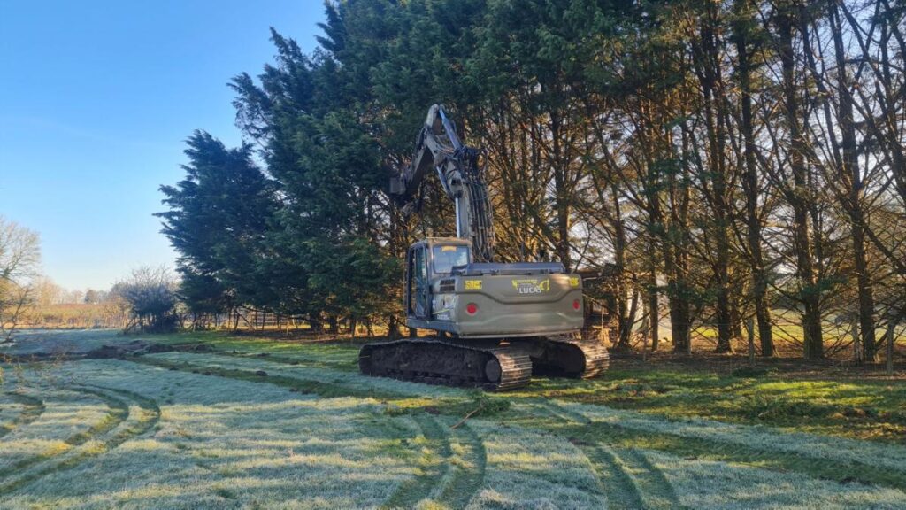 Travaux d'élagage d'arbres en bordure de champ avec une pelleteuse