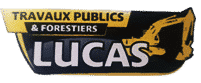 Logo Lucas Travaux Publics & Forestiers avec une pelleteuse jaune et texte blanc sur fond noir.